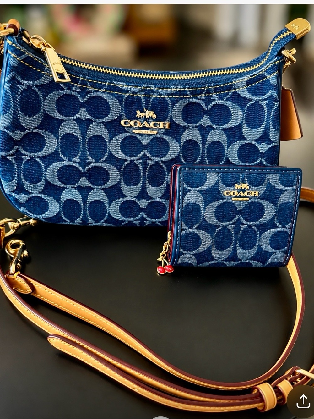 Coach Blue Denim Signature Mini Shoulder Bag with Matching Card Wallet